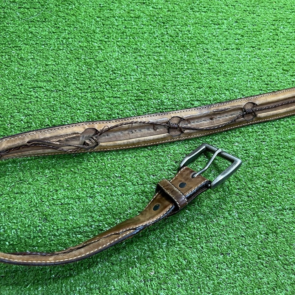 vintage Wedtern Belt BARBED WIRE leather Brown Patina cowboy Rodeo Work Wear
